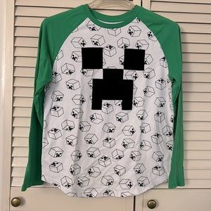 Minecraft, medium long sleeve tee, green and white with creepers print.